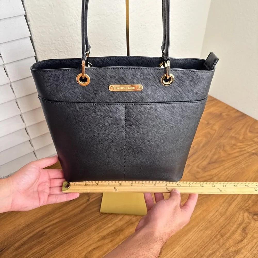 Michael Kors Bedford Medium Tote Black Saffiano Leather Bag Gold Hardware